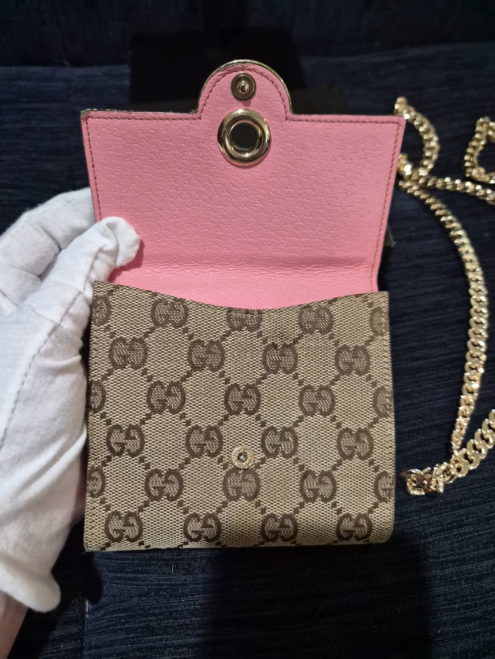 Authentic Gucci GG Canvas Wallet On Chain Pink Leather Crossbody Monogram Box - Picture 6 of 15